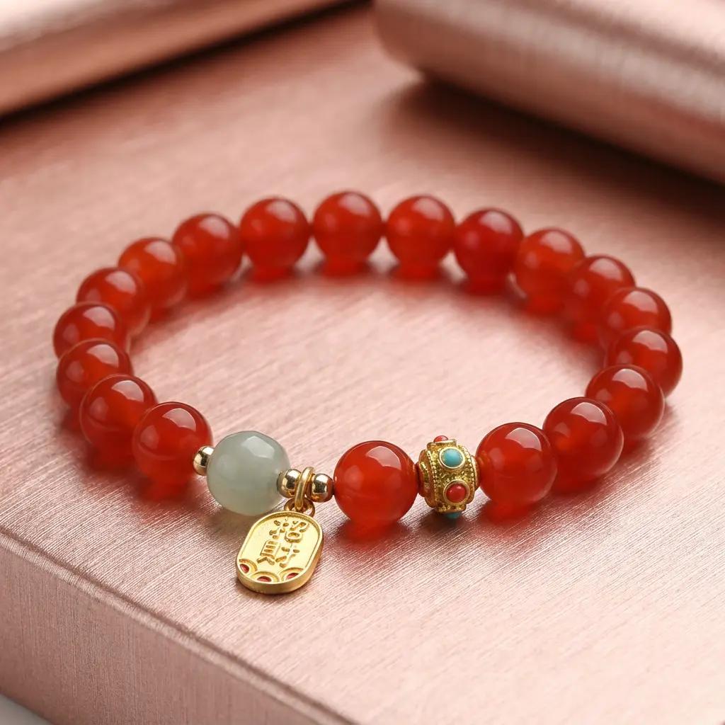 Red Agate Buddhist Bracelet with Gold Mantra Charm Red agate buddhist bracelet with gold mantra charm