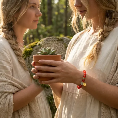 Red agate healing bracelet worn outdoors in nature