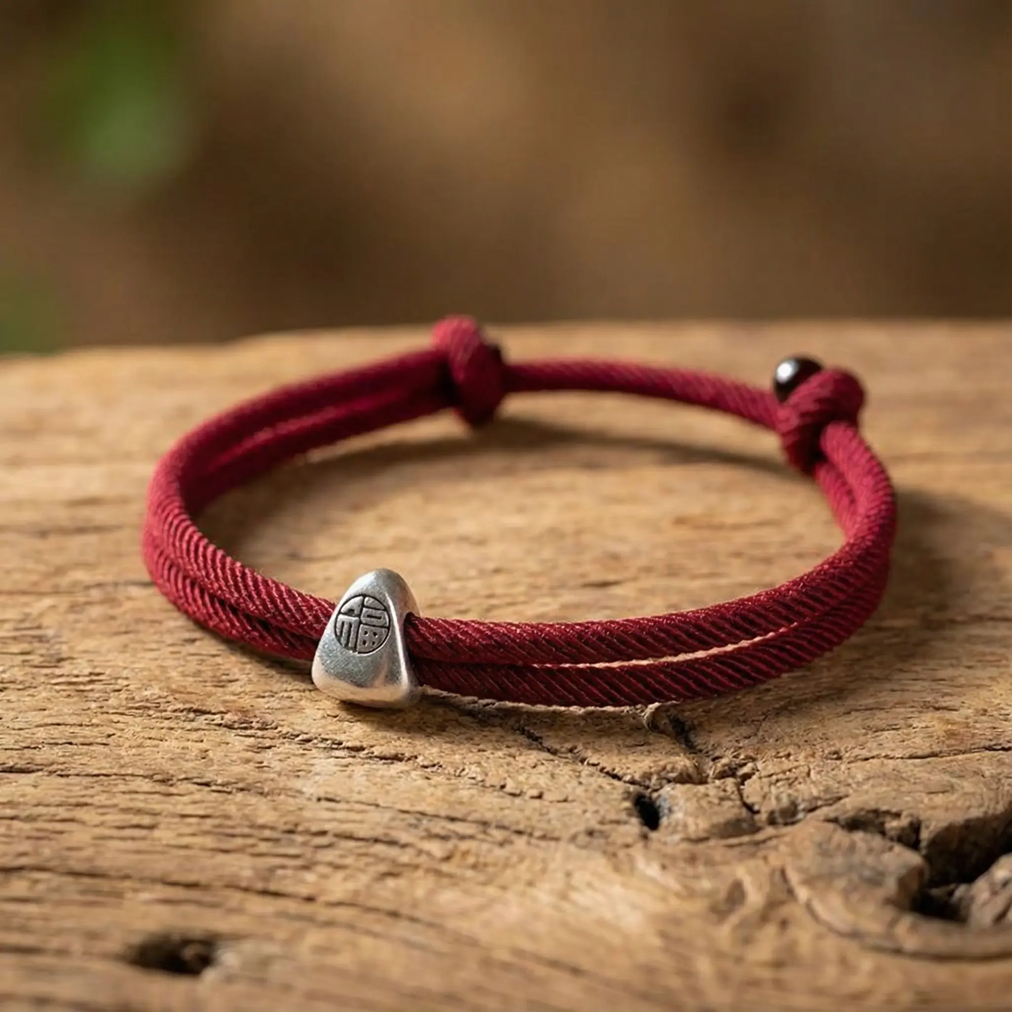 Red String Fu Bracelet Natural Wood Background Close-up Red string fu bracelet natural wood background close up