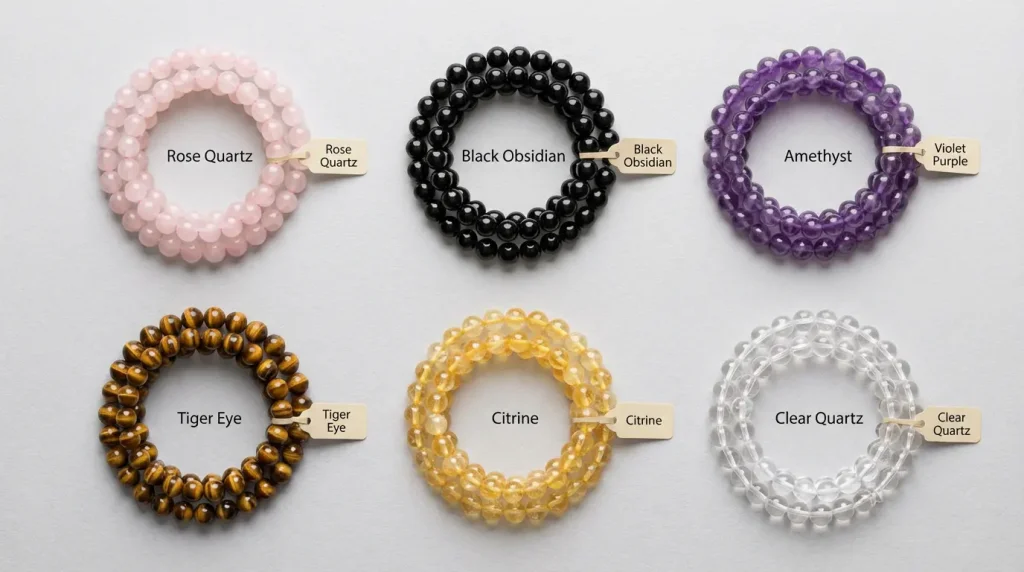 Six types of crystal bracelets rose quartz, black obsidian, amethyst, tiger eye, citrine, and clear quartz
