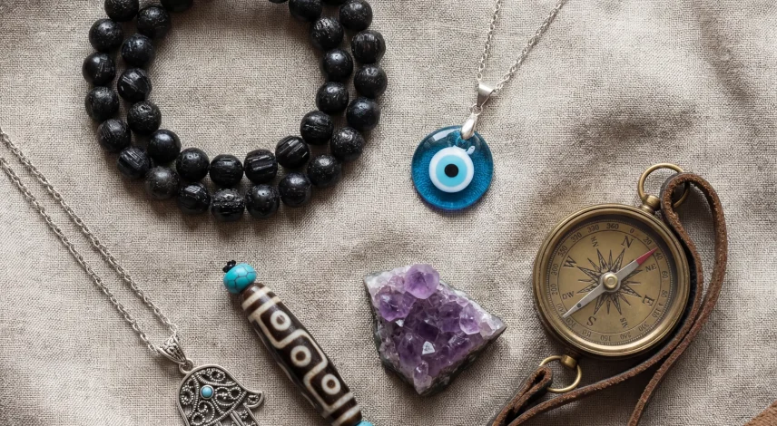 Spiritual protection travel accessories with dzi bead hamsa and evil eye amulets