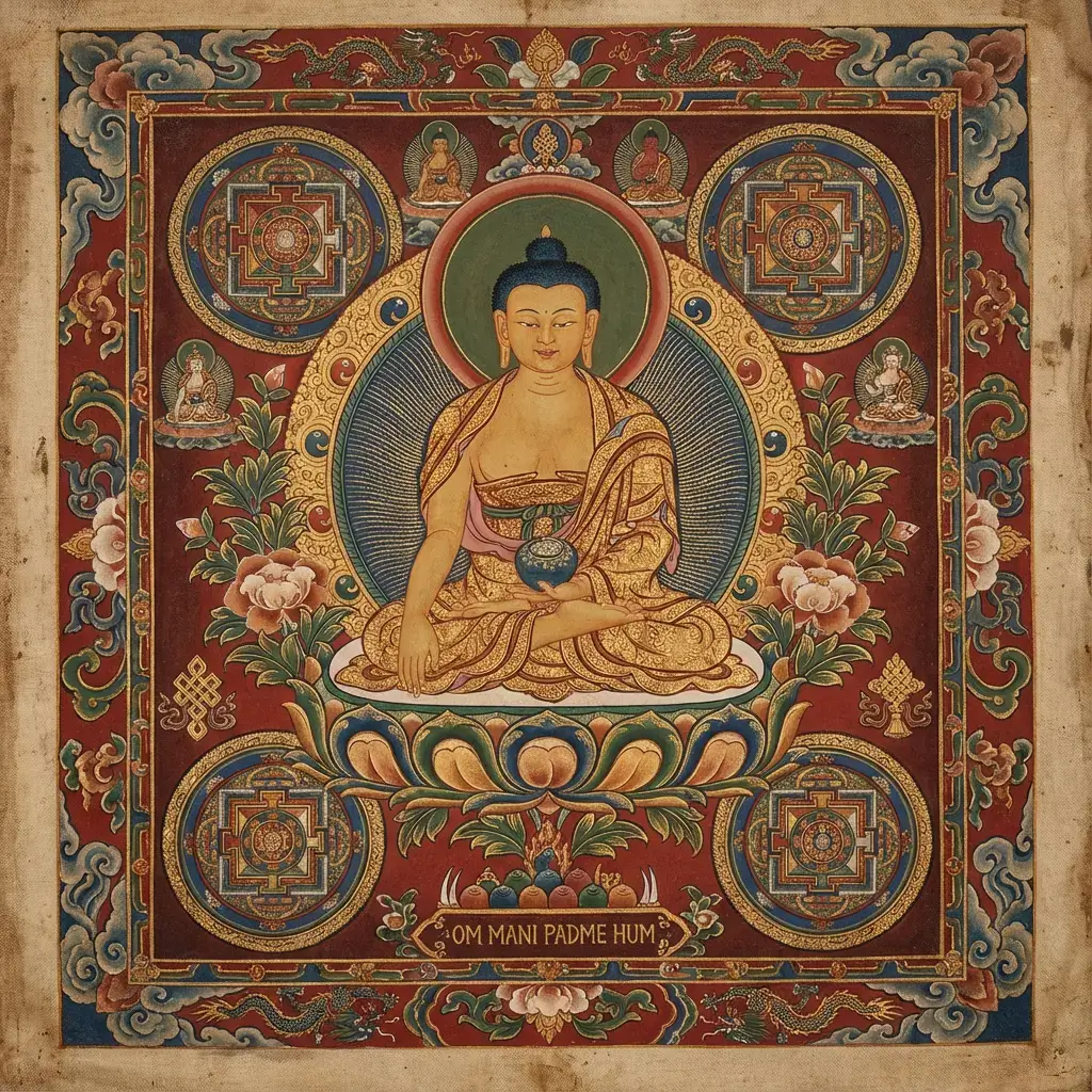 Thangka style buddha lotus throne