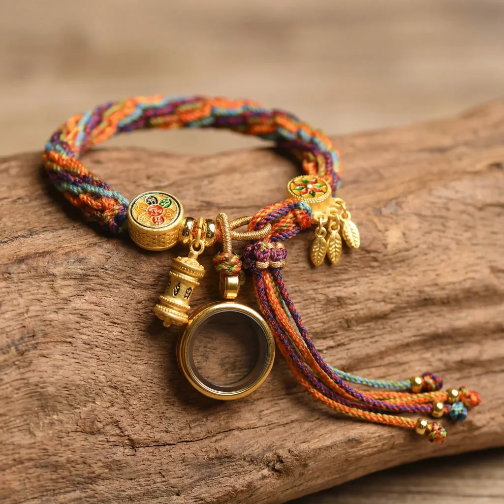 Tibetan Prayer Wheel Bracelet with Colorful Braided Cord on Driftwood Tibetan prayer wheel bracelet with colorful braided cord on driftwood