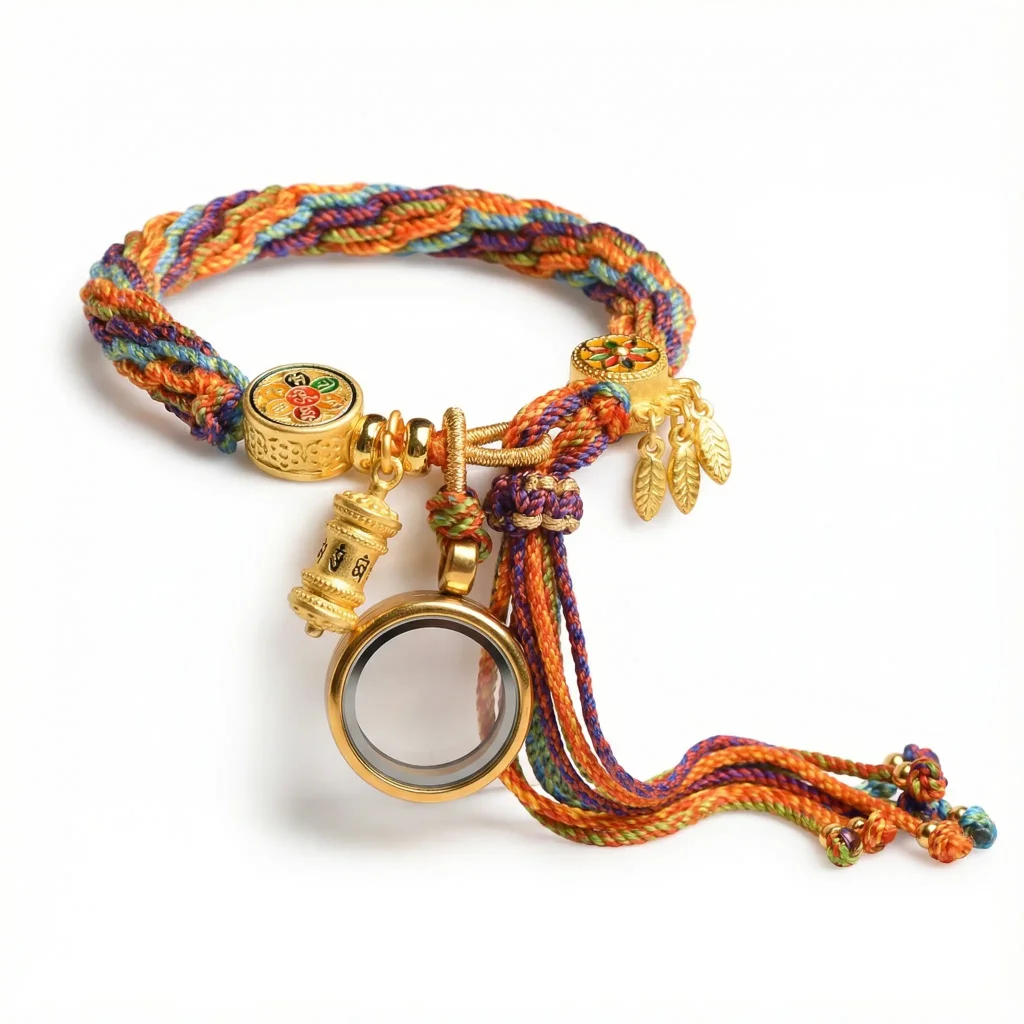 Tibetan Prayer Wheel Charm Bracelet - Full Product View on White Background Tibetan prayer wheel charm bracelet full product view on white background