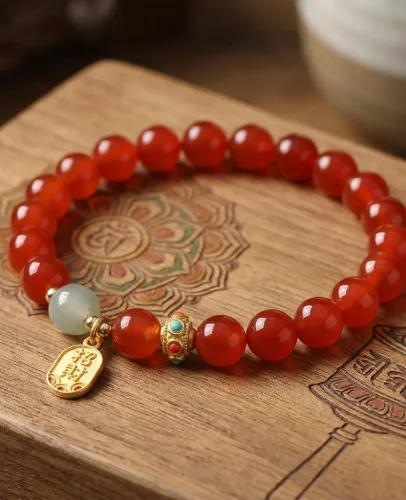 Tibetan red agate bracelet on traditional buddhist prayer wheel design