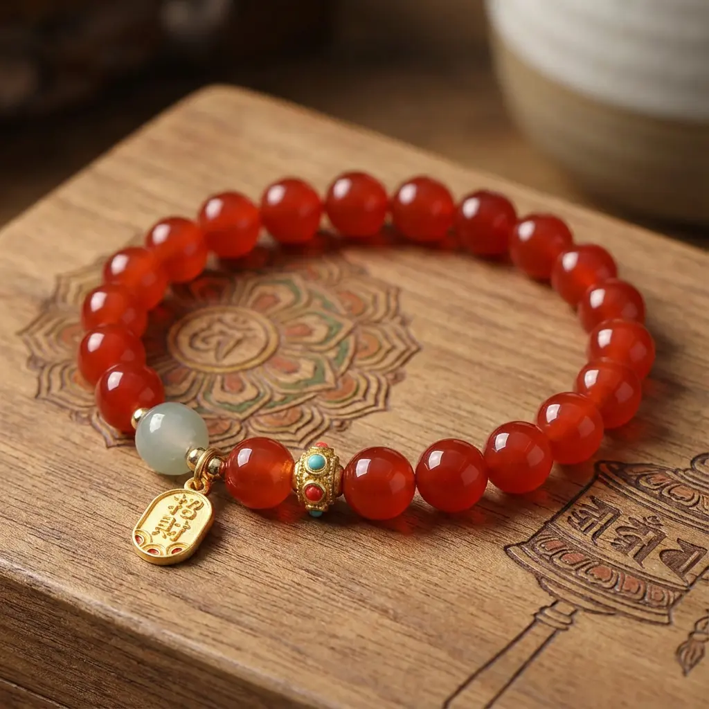 Tibetan Red Agate Bracelet on Traditional Buddhist Prayer Wheel Design Tibetan red agate bracelet on traditional buddhist prayer wheel design