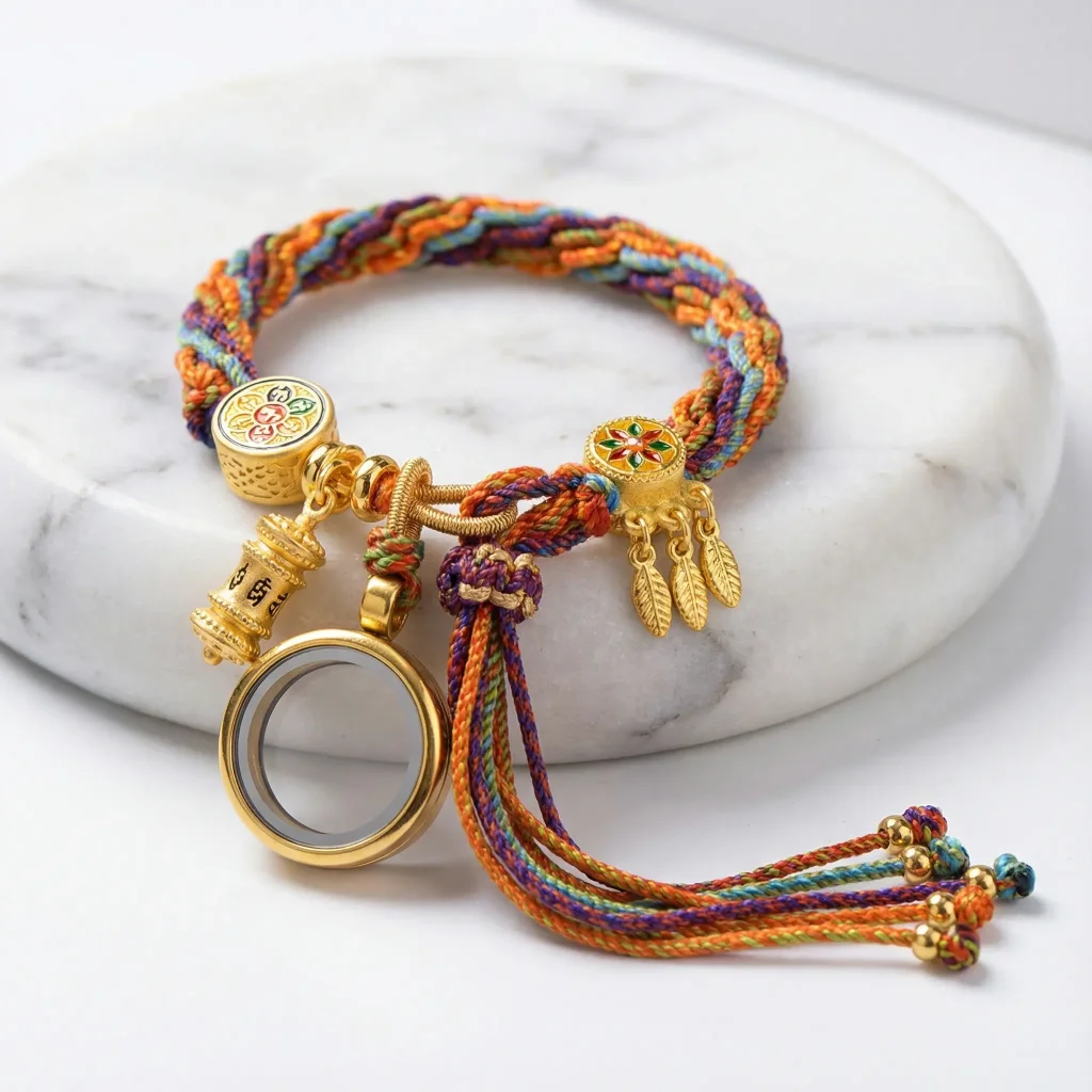 Tibetan Spinning Prayer Wheel Bracelet on White Marble Display Tibetan spinning prayer wheel bracelet on white marble display
