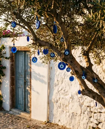 Traditional blue nazar amulets hanging on olive tree in mediterranean village