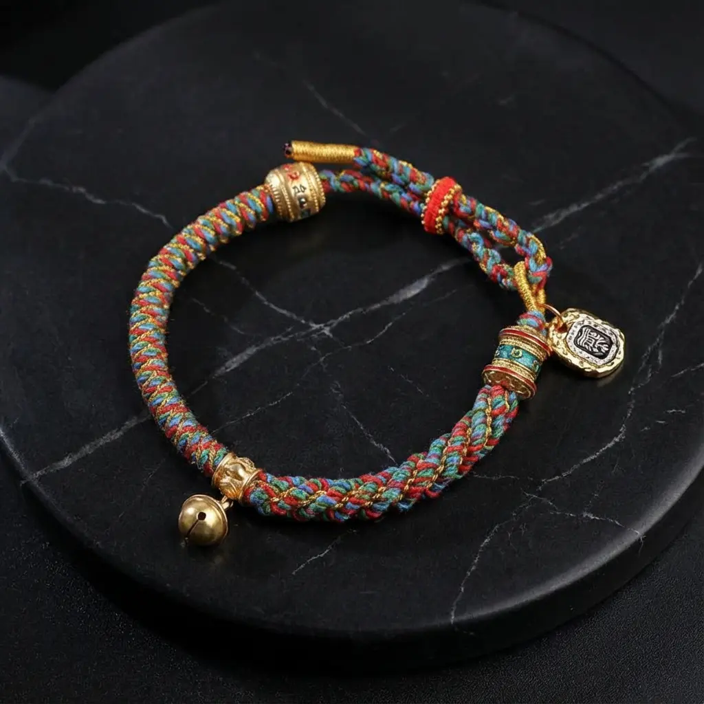 Traditional Tibetan Prayer Wheel Bracelet Multi-Color Braided Cord Adjustable Traditional tibetan prayer wheel bracelet multi color braided cord adjustable