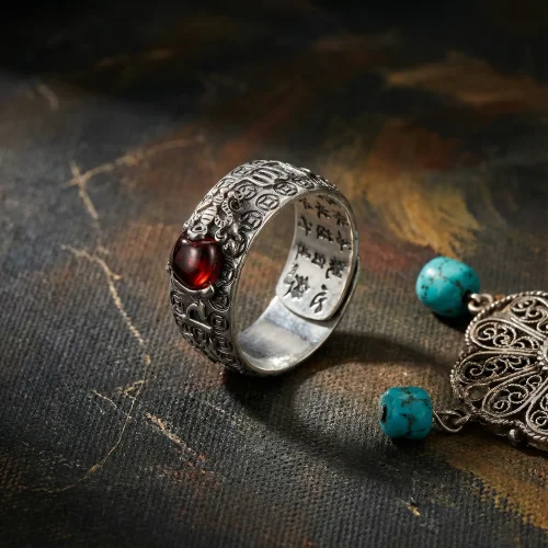 Vintage style garnet pixiu protection ring with turquoise buddhist jewelry collection