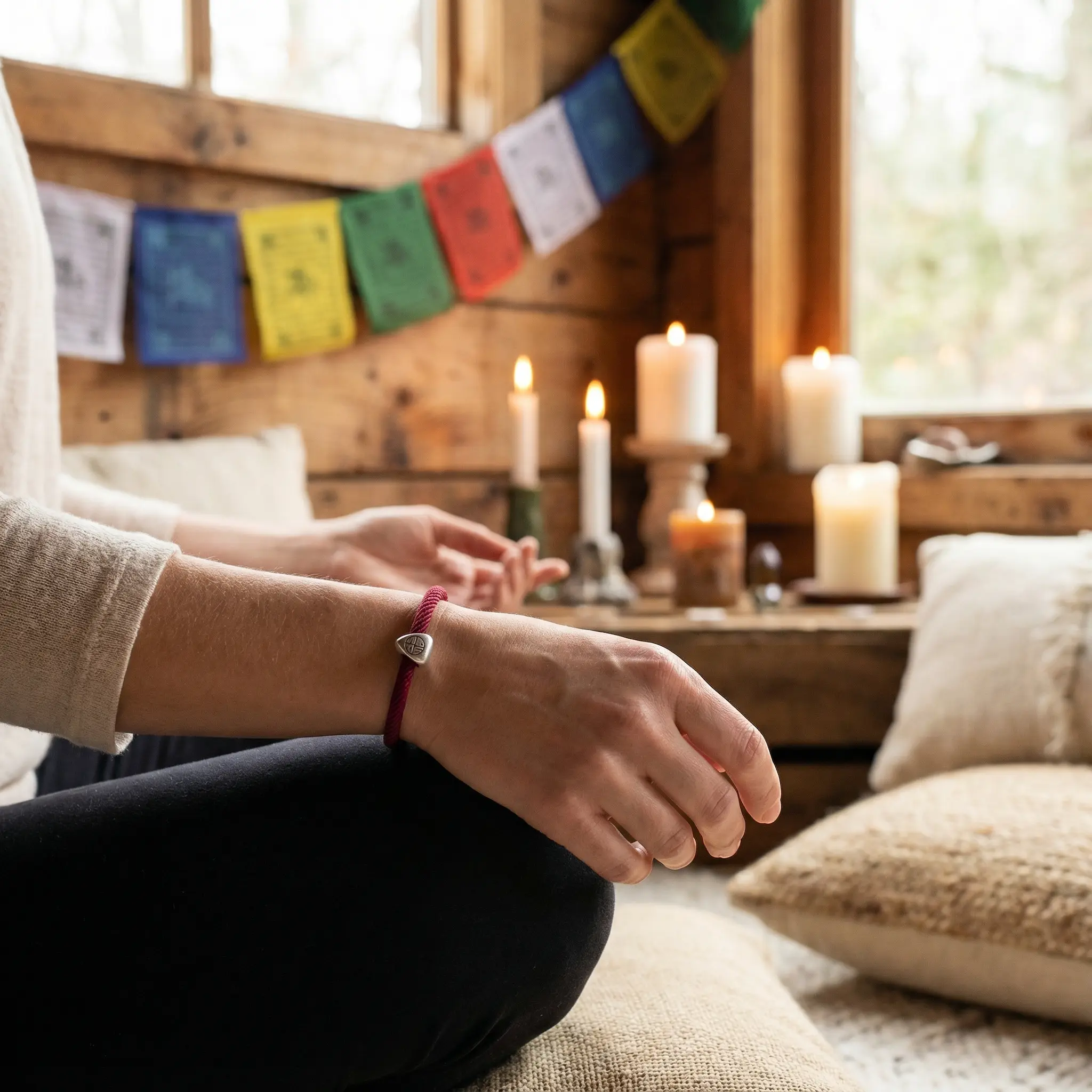 Woman Meditating Wearing Fu Symbol Bracelet in Sacred Space Woman meditating wearing fu symbol bracelet in sacred space
