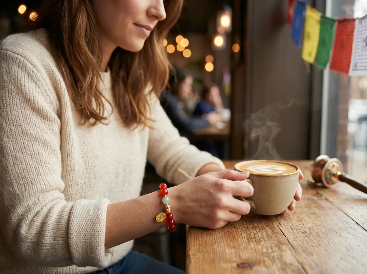 Woman Wearing Red Agate Bracelet in Cozy Coffee Shop Woman wearing red agate bracelet in cozy coffee shop