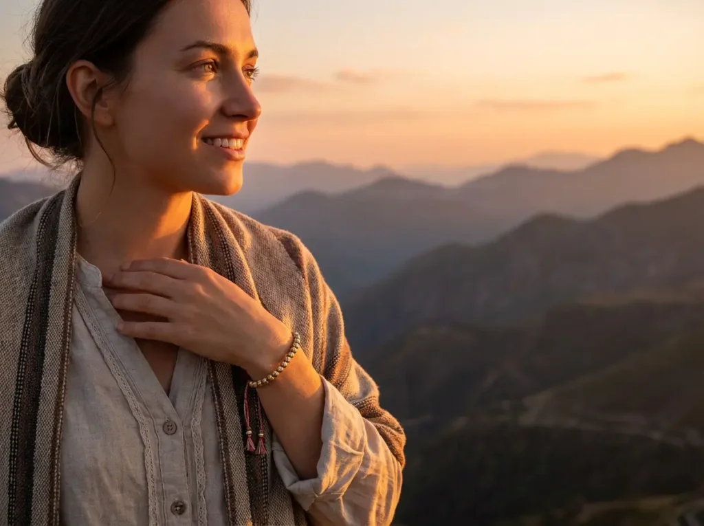 Woman Wearing Tibetan Copper Bracelet at Mountain Sunset - Spiritual Jewelry Lifestyle Woman wearing tibetan copper bracelet at mountain sunset spiritual jewelry lifestyle