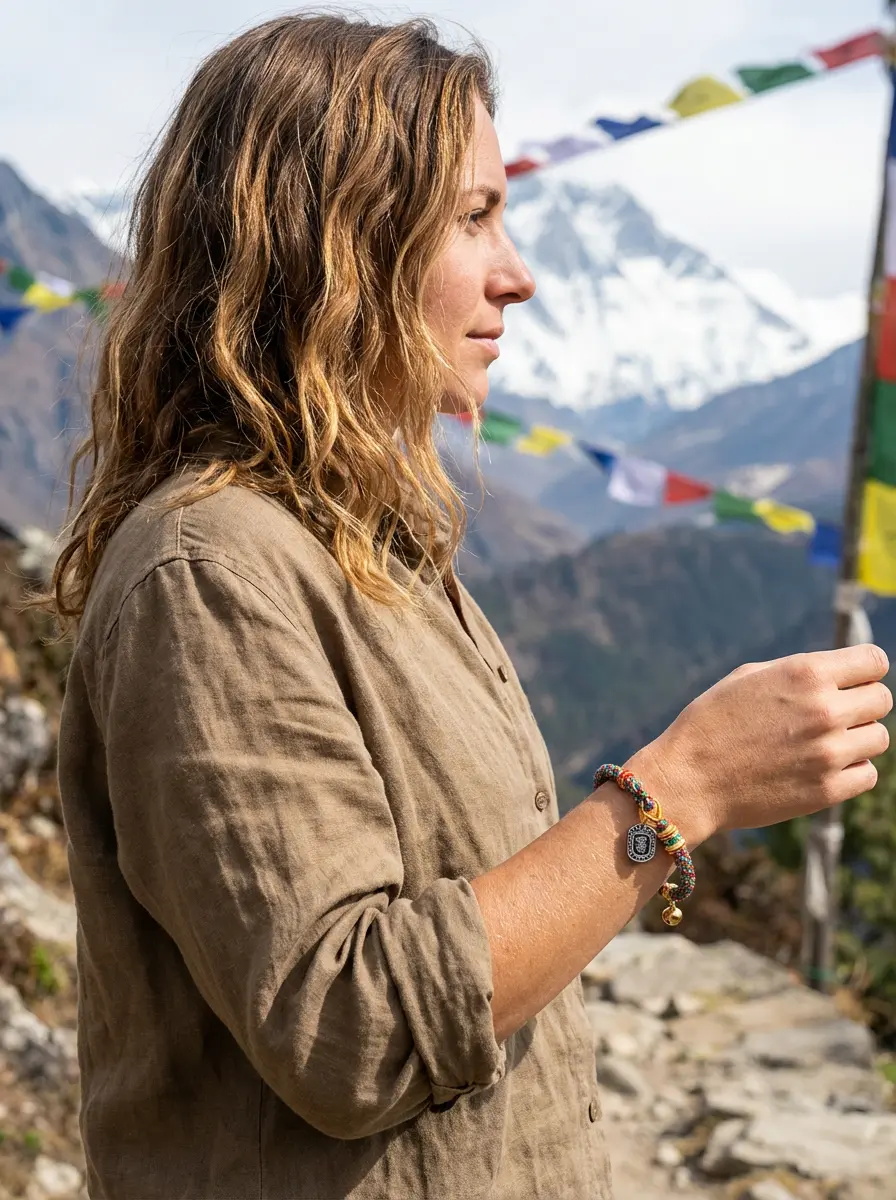 Woman Wearing Tibetan Prayer Bracelet in Himalayan Mountain Landscape Woman wearing tibetan prayer bracelet in himalayan mountain landscape