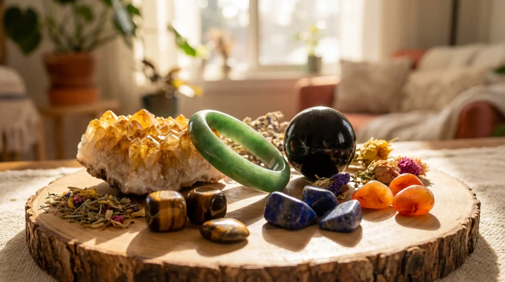 Lucky crystals for 2026 Year of the Fire Horse including citrine, jade, black obsidian, tiger eye and lapis lazuli