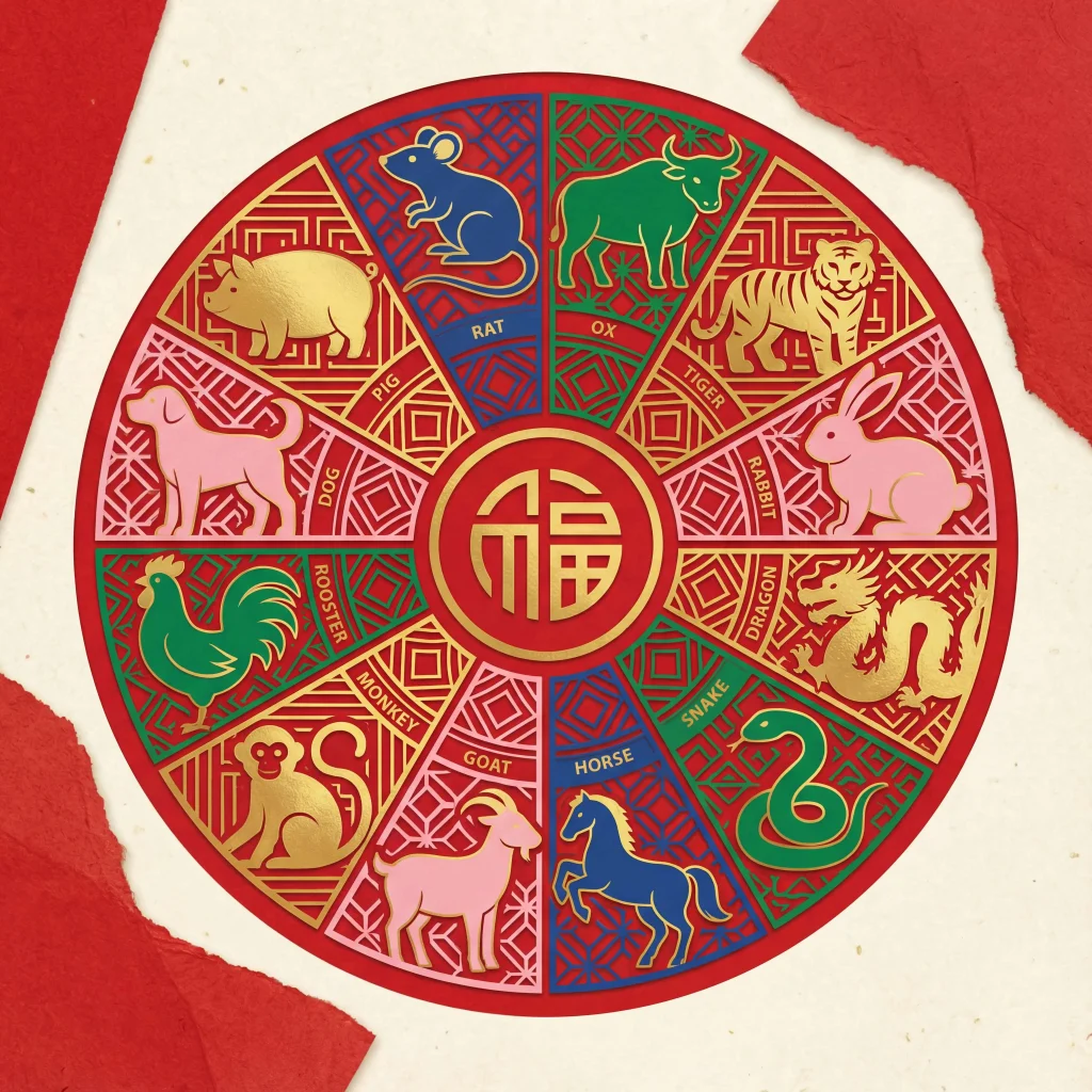 Chinese zodiac wheel showing lucky colors for each animal sign in Fire Horse year 2026