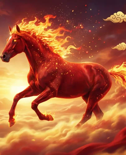 fire-horse-2026-chinese-new-year Majestic fire horse with flaming mane representing the Chinese Year of the Fire Horse 2026