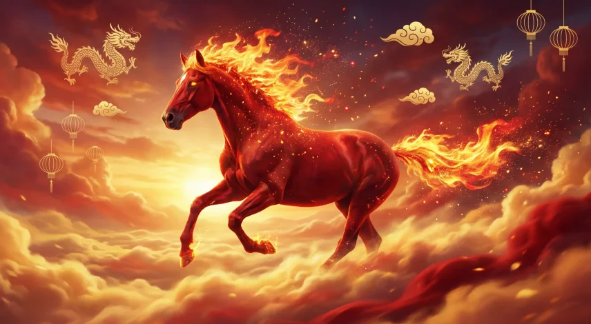 fire-horse-2026-chinese-new-year Majestic fire horse with flaming mane representing the Chinese Year of the Fire Horse 2026