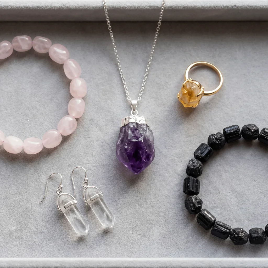 Healing crystal jewelry amethyst rose quartz