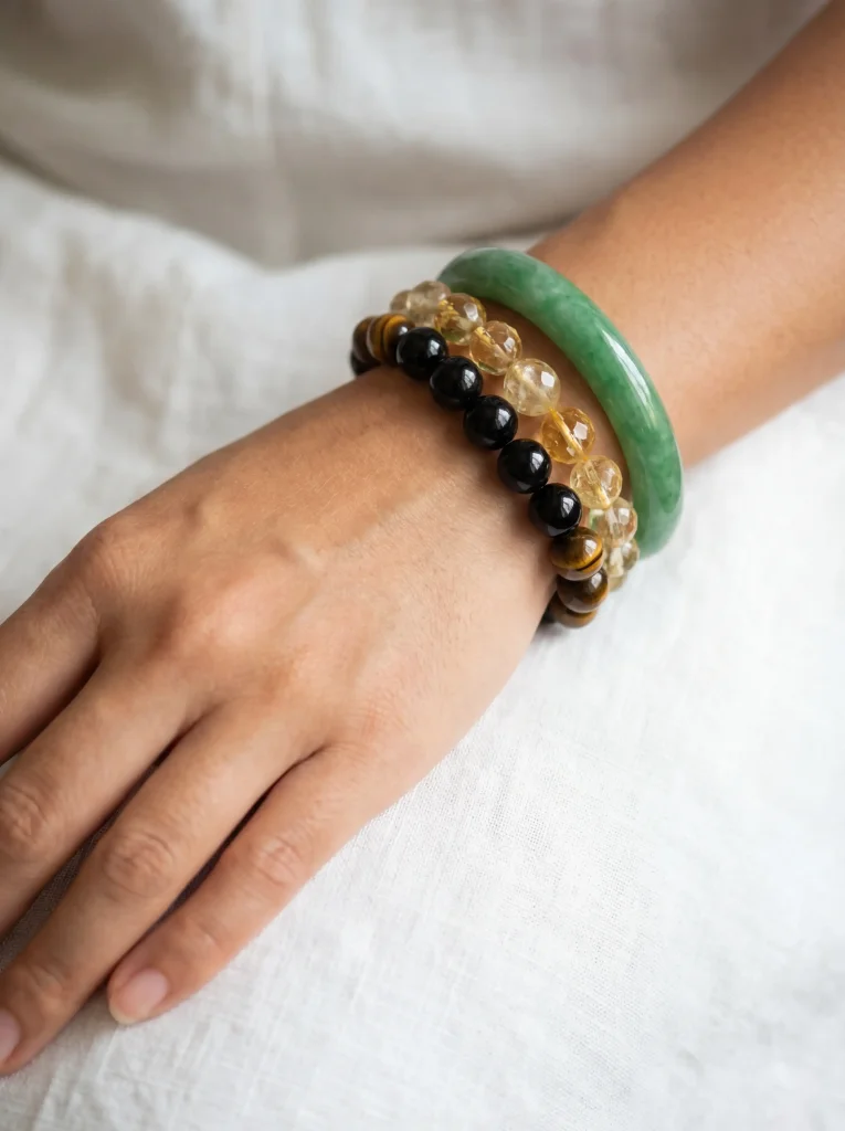 Woman wearing citrine, jade and obsidian crystal bracelets for Fire Horse year 2026 luck