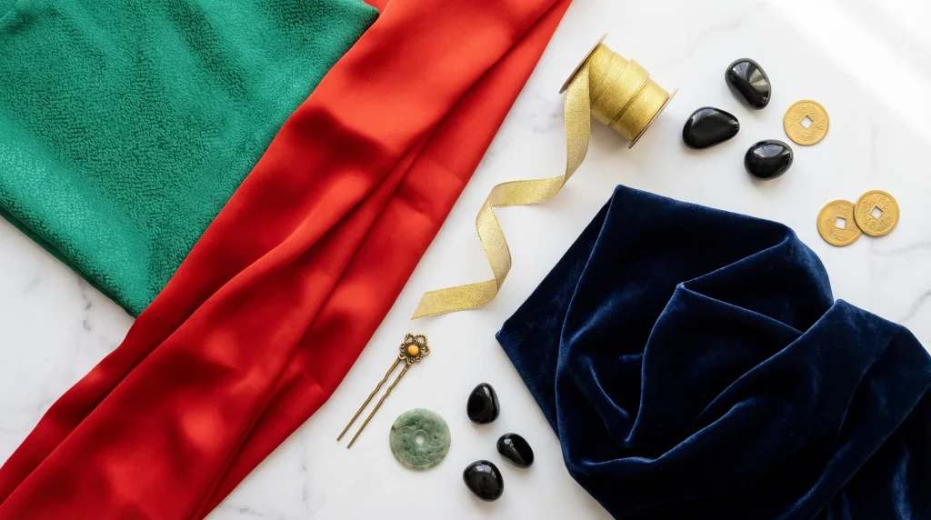 Lucky Feng Shui colors for 2026 Fire Horse year including red, green, gold, blue and black fabrics