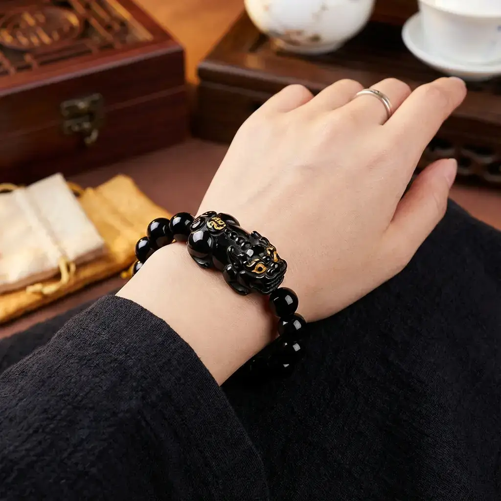 Black obsidian pixiu bracelet close up
