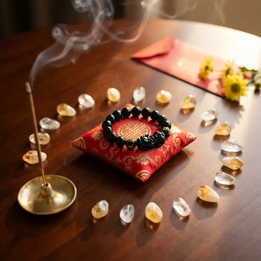 Black obsidian pixiu bracelet ritual setup with incense and crystals