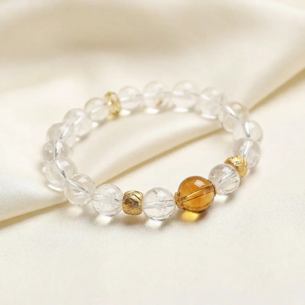 Clear Quartz Crystal Bracelet Fabric Background Product Photo Clear quartz crystal bracelet fabric background product photo