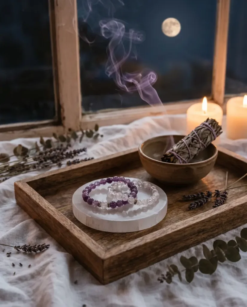 Crystal bracelet cleansing methods with sage and moonlight