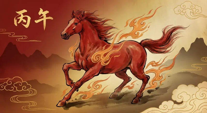 Fire horse year 2026 red zodiac symbol with flames