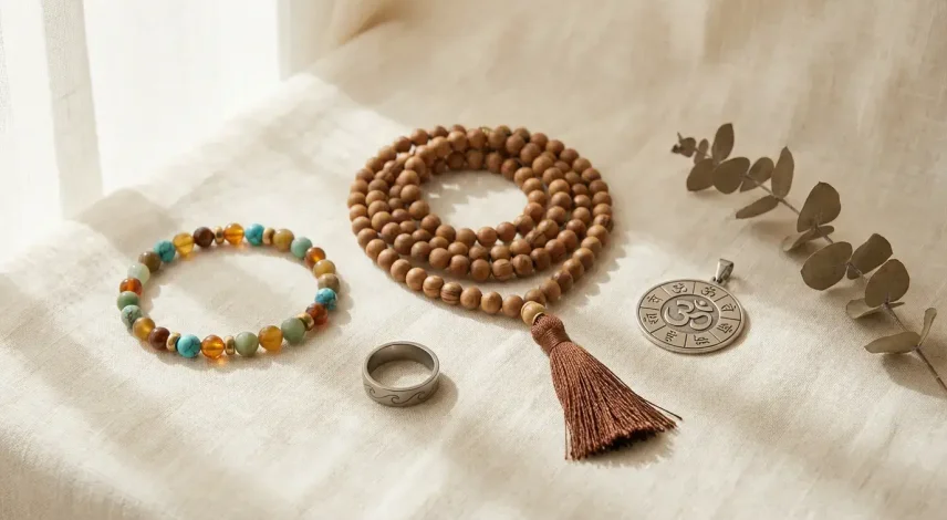 Meditation jewelry collection flat lay