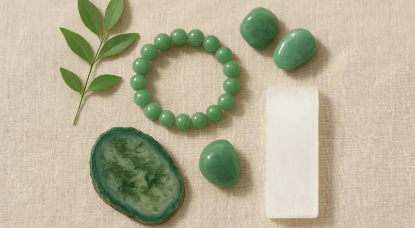 Natural green jade bracelet and healing crystals collection aventurine gemstones