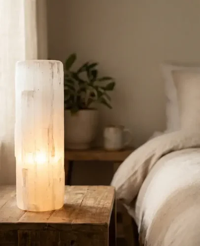 Natural selenite tower lamp glowing on bedside table