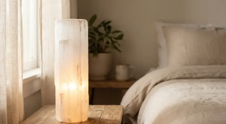 Natural selenite tower lamp glowing on bedside table