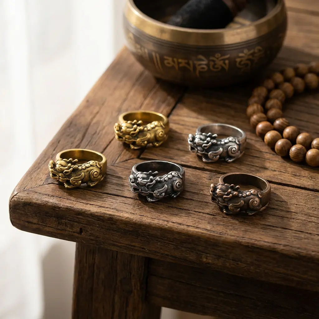 Pixiu ring collection flat lay