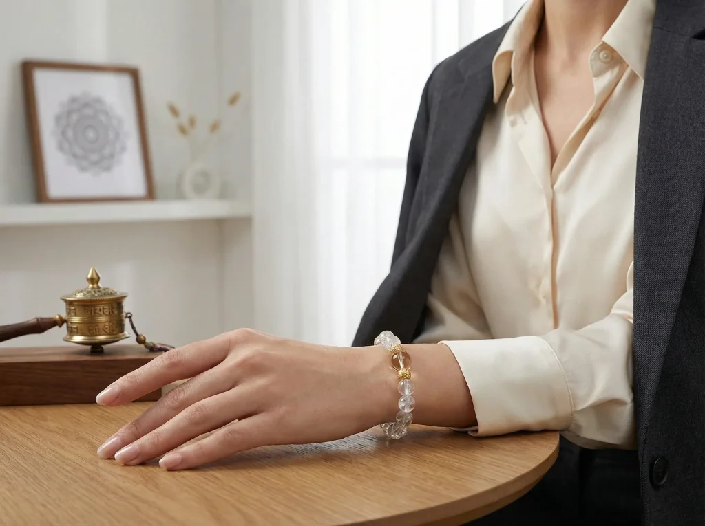 Professional Woman Wearing Clear Quartz Bracelet Daily Professional woman wearing clear quartz bracelet daily