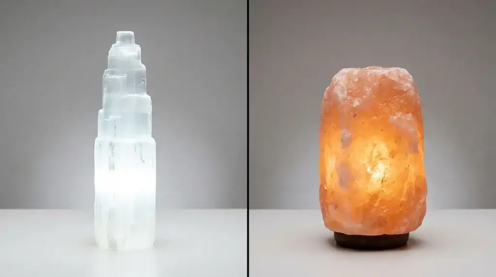 Selenite lamp vs himalayan salt lamp side by side comparison