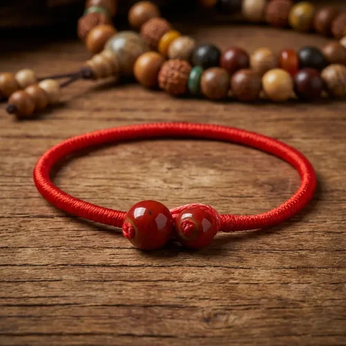 Tibetan lucky red string bracelet with prayer beads