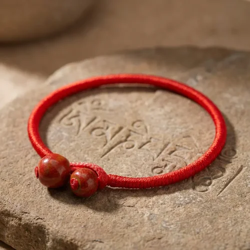 Tibetan red string bracelet on mantra stone