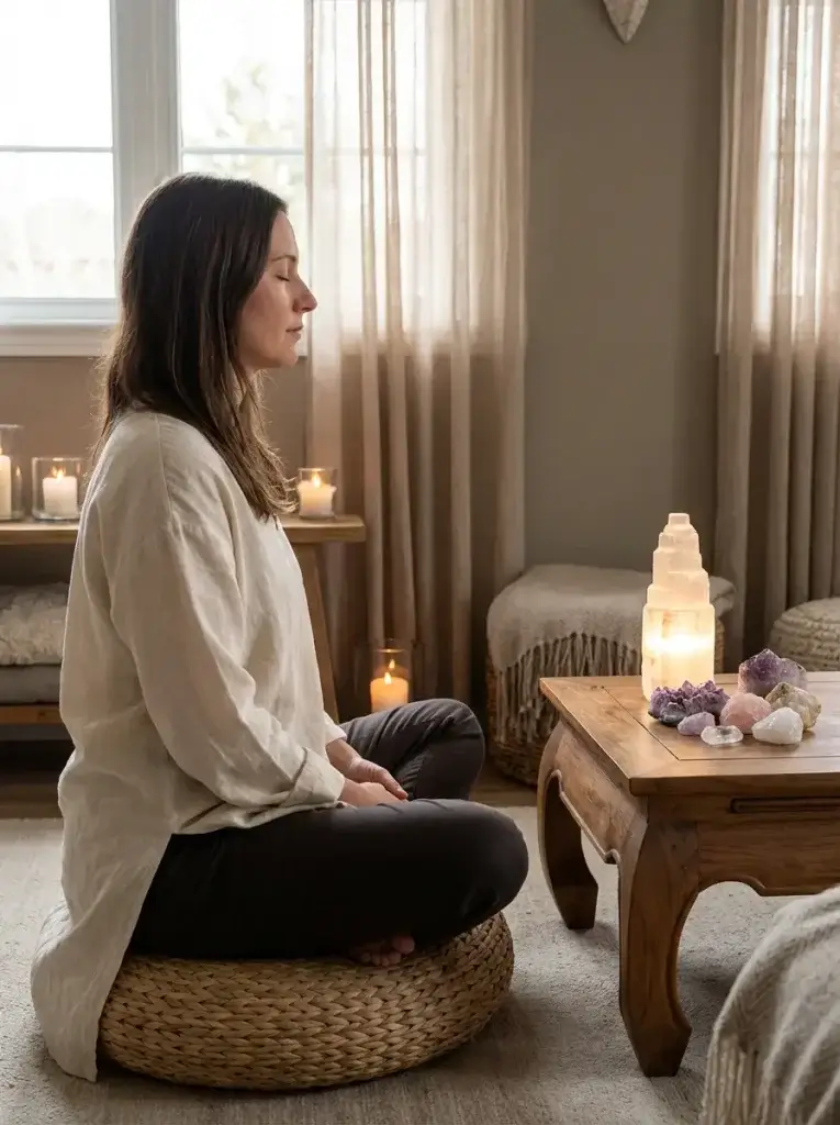 Woman meditating next to selenite lamp in sacred space