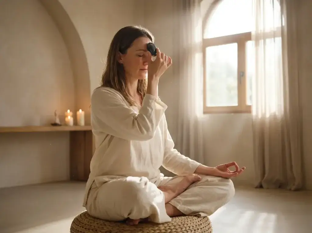 Woman meditating with blue tigers eye