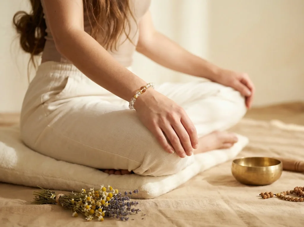Woman Wearing Clear Quartz Bracelet During Meditation Woman wearing clear quartz bracelet during meditation