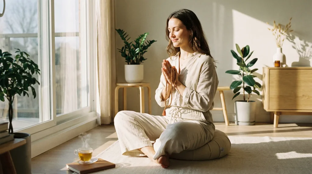 Morning mala meditation ritual peaceful home practice scene