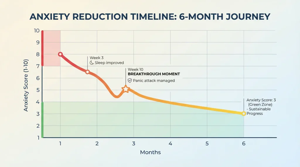 Sarah anxiety transformation 6 month progress chart mala meditation