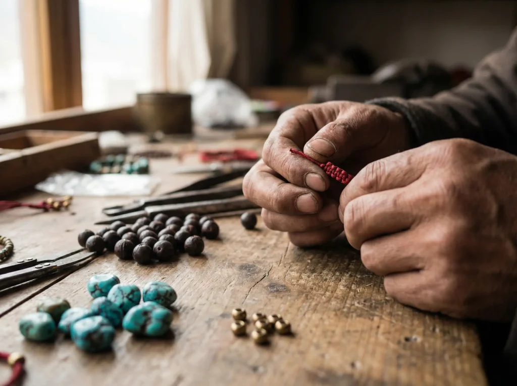 Tibetan artisan handcrafting blessing bracelet