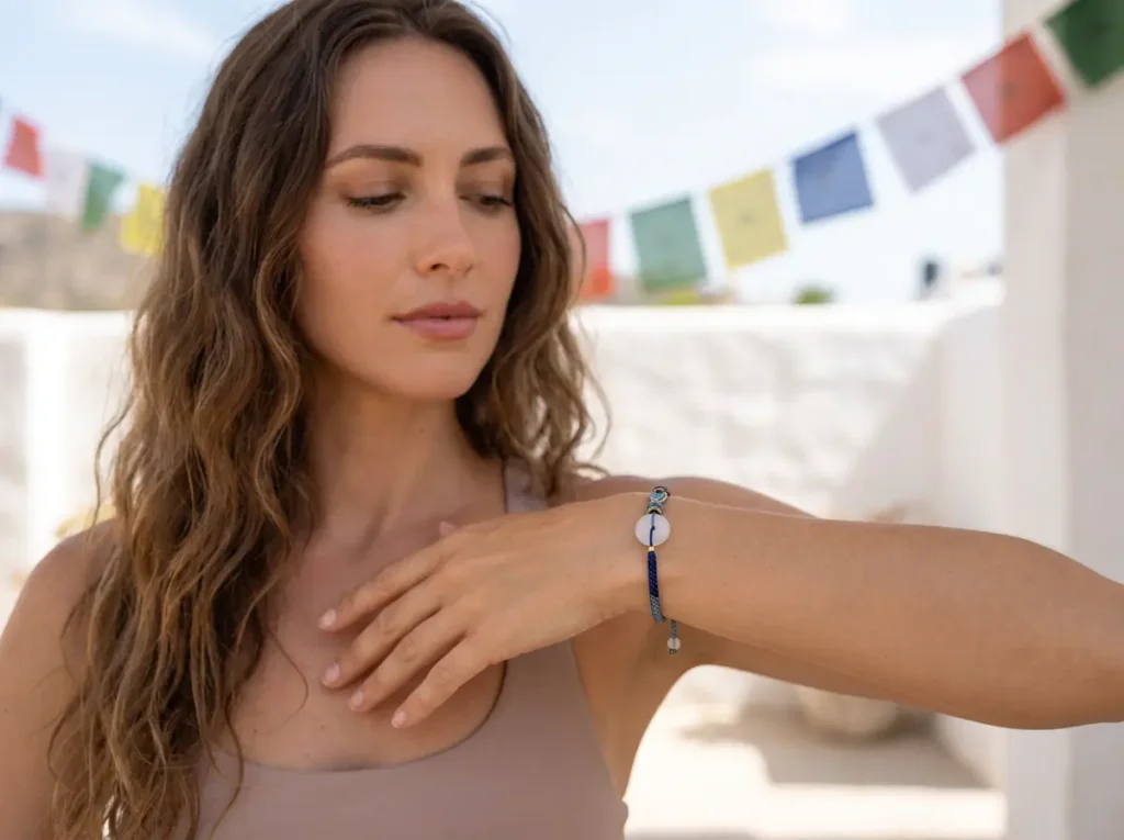 woman-wearing-couple-bracelet-outdoor-yoga-meditation Woman wearing couple bracelet outdoor yoga meditation
