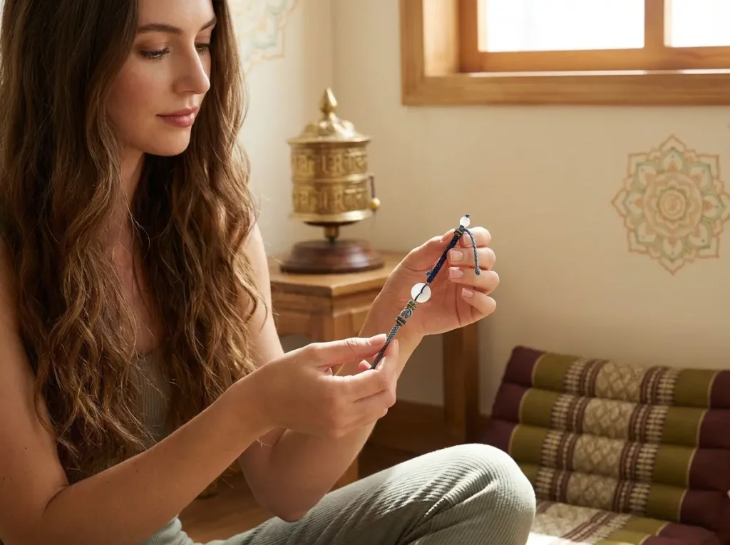 woman-wearing-white-agate-bracelet-meditation-room Woman wearing white agate bracelet meditation room