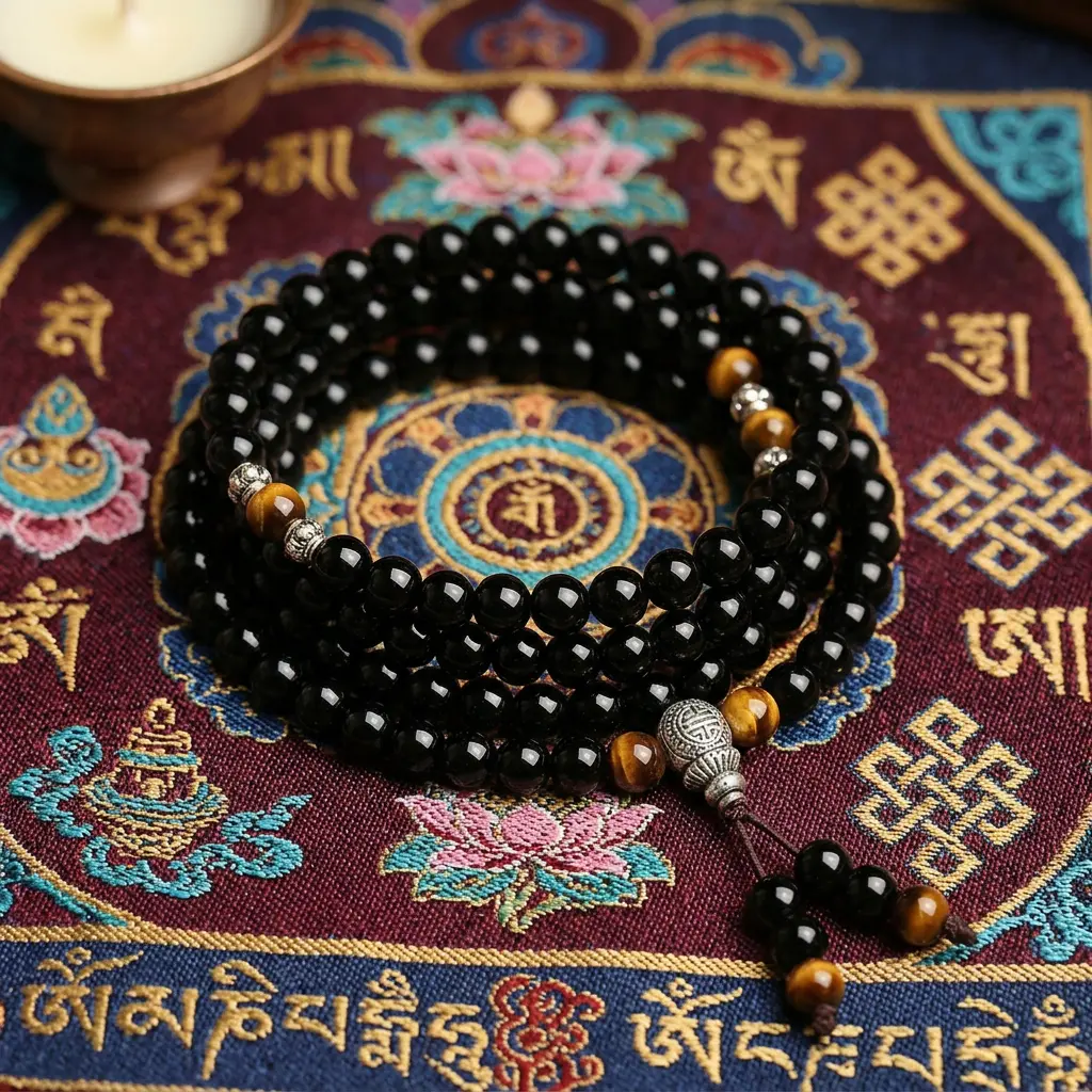 108-mala-beads-obsidian-tiger-eye-tibetan-brocade-buddhist-potalastore 108-bead obsidian and tiger eye mala bracelet on traditional Tibetan embroidered brocade with Om Mani Padme Hum mantras and lotus motifs — PotalaStore