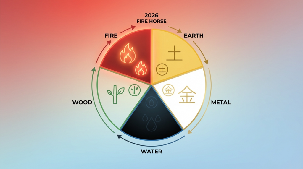 Five Elements diagram showing 2026 Fire Horse year excess Fire energy and zero Water element, illustrating why obsidian Water element protection is essential