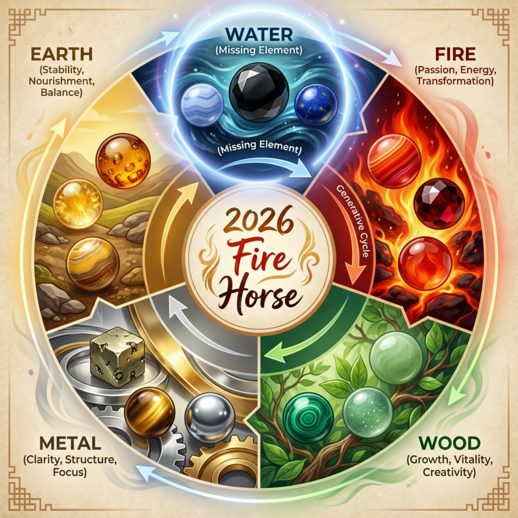 Feng shui five elements diagram showing Water, Fire, Wood, Metal, and Earth with corresponding gemstones for Chinese New Year 2026 - black obsidian, red agate, green jade, gold, and amber arranged in traditional circular pattern